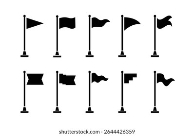 Collection of flag and pennant icons with poles for start, end, banner, location, pin destination map pictograms. part 3