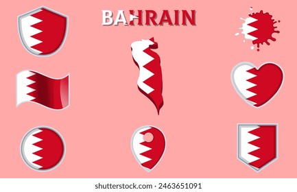 Collection of flags and coats of arms of Bahrain in flat style with map and text.