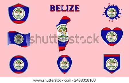 Collection of flags and coats of arms of Belize in flat style with map and text.