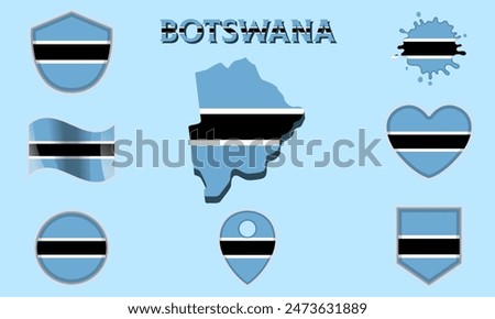Collection of flags and coats of arms of Botswana in flat style with map and text.