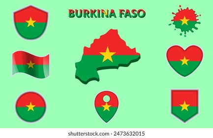 Collection of flags and coats of arms of Burkina Faso in flat style with map and text.
