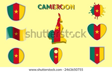 Collection of flags and coats of arms of Cameroon in flat style with map and text.