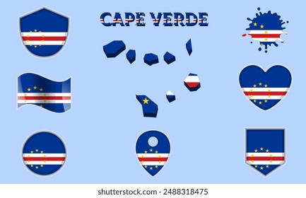 Collection of flags and coats of arms of Cape Verde in flat style with map and text.