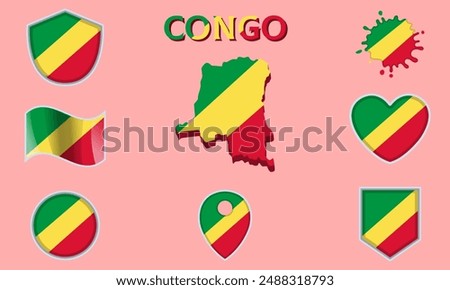 Collection of flags and coats of arms of Congo in flat style with map and text.