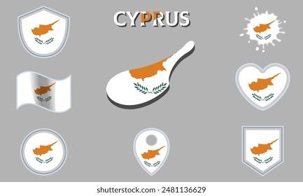Collection of flags and coats of arms of Cyprus in flat style with map and text.