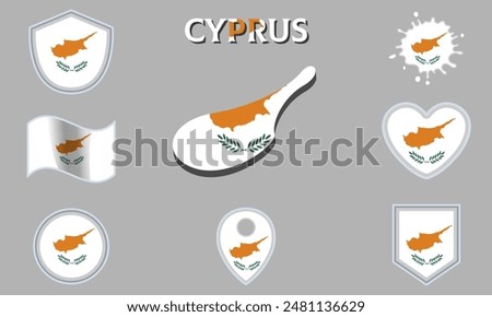 Collection of flags and coats of arms of Cyprus in flat style with map and text.