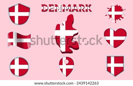 Collection of flags and coats of arms of Denmark in flat style with map and text.
