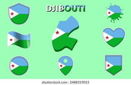 Collection of flags and coats of arms of Djibouti in flat style with map and text.