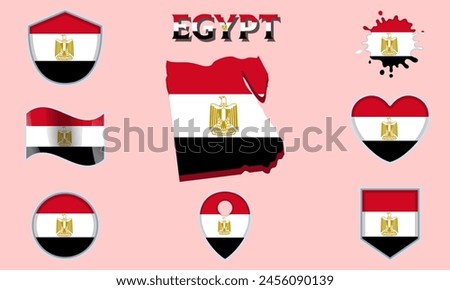 Collection of flags and coats of arms of Egypt in flat style with map and text.