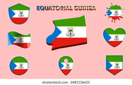 Colección de banderas y escudos de Guinea Ecuatorial en estilo plano con mapa y texto.