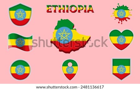 Collection of flags and coats of arms of Ethiopia in flat style with map and text.