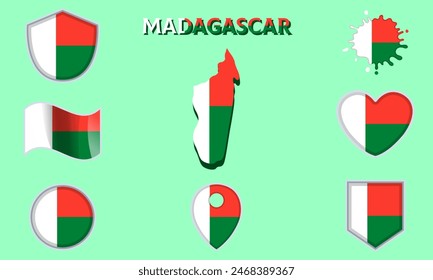 Collection of flags and coats of arms of Madagascarм in flat style with map and text.