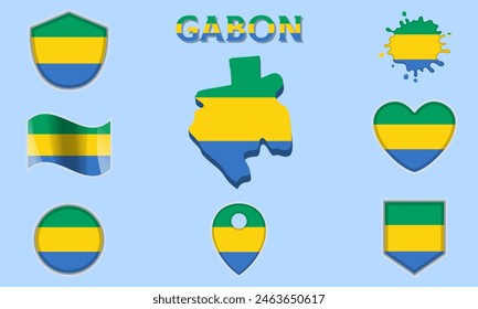 Collection of flags and coats of arms of Gabon in flat style with map and text.
