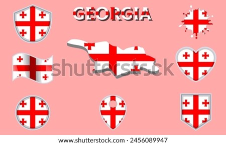 Collection of flags and coats of arms of Georgia in flat style with map and text.