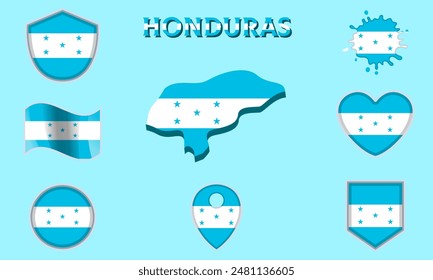 Collection of flags and coats of arms of Honduras in flat style with map and text.