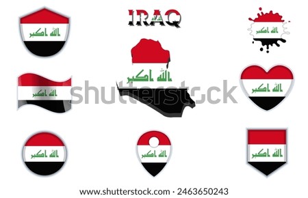 Collection of flags and coats of arms of Iraq in flat style with map and text.