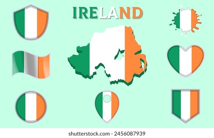 Colección de banderas y escudos de Irlanda en estilo plano con mapa y texto.