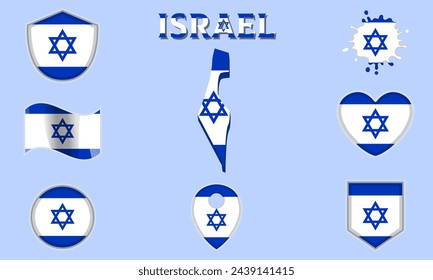 Collection of flags and coats of arms of Israel in flat style with map and text.