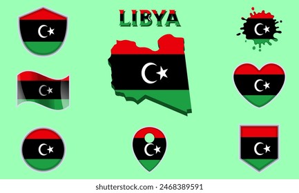 Collection of flags and coats of arms of Libya in flat style with map and text.