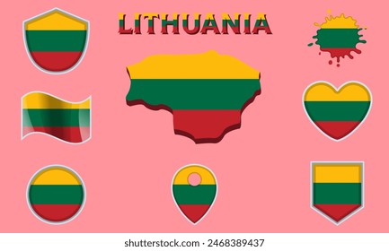 Collection of flags and coats of arms of Lithuania in flat style with map and text.