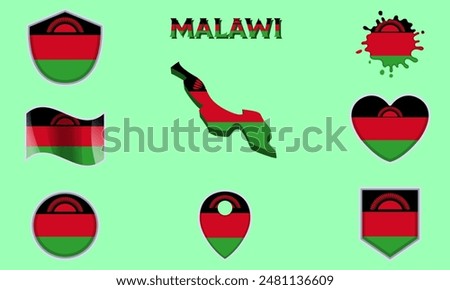 Collection of flags and coats of arms of Malawi in flat style with map and text.