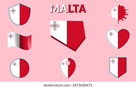 Collection of flags and coats of arms of Malta in flat style with map and text.