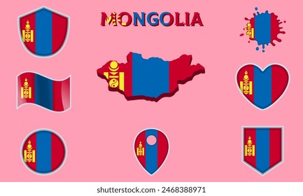 Collection of flags and coats of arms of Mongolia in flat style with map and text.