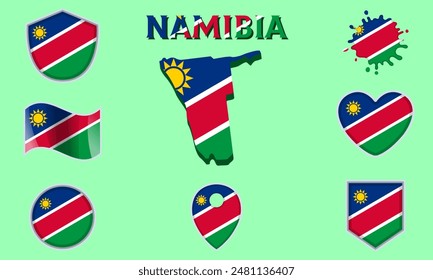 Colección de banderas y escudos de Namibia en estilo plano con mapa y texto.