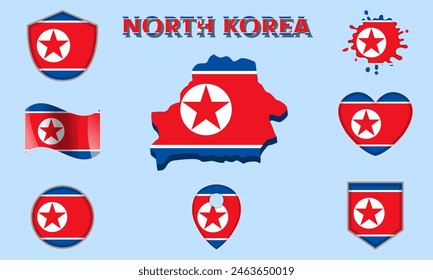 Collection of flags and coats of arms of North Korea in flat style with map and text.
