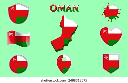 Collection of flags and coats of arms of Oman in flat style with map and text.
