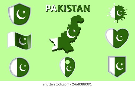 Collection of flags and coats of arms of Pakistan in flat style with map and text.