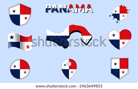 Collection of flags and coats of arms of Panama in flat style with map and text.