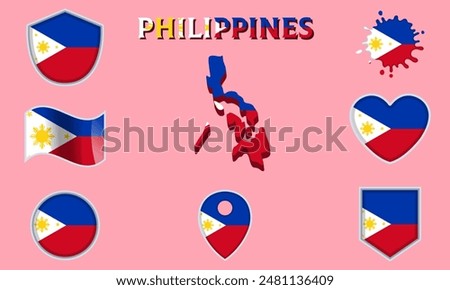 Collection of flags and coats of arms of Philippines in flat style with map and text.