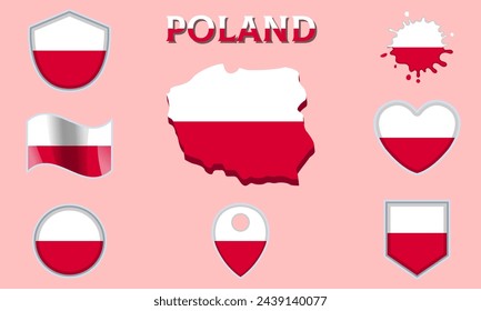 Colección de banderas y escudos de Polonia en estilo plano con mapa y texto.