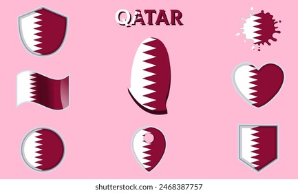 Collection of flags and coats of arms of Qatar in flat style with map and text.