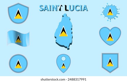 Kollektion der Fahnen und Wappen von St. Lucia im flachen Stil mit Landkarte und Text.