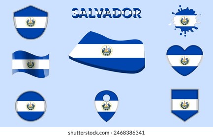 Collection of flags and coats of arms of Salvador in flat style with map and text.