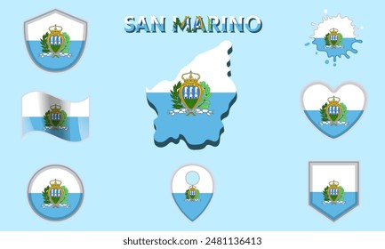 Collection of flags and coats of arms of San Marino in flat style with map and text.