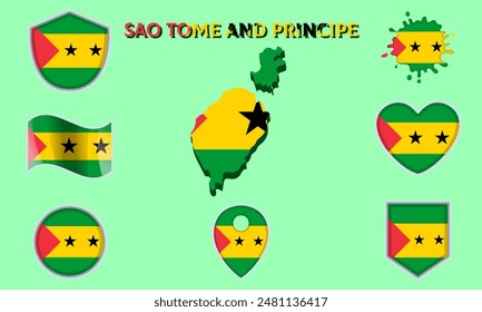 Collection of flags and coats of arms of Sao Tome and Principe in flat style with map and text.