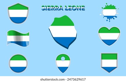 Kollektion der Flaggen und Wappen von Sierra Leone im flachen Stil mit Landkarte und Text.