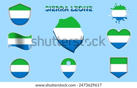 Collection of flags and coats of arms of Sierra Leone in flat style with map and text.