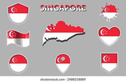 Collection of flags and coats of arms of Singapore in flat style with map and text.