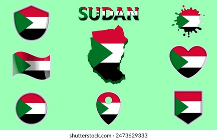 Collection of flags and coats of arms of Sudan in flat style with map and text.