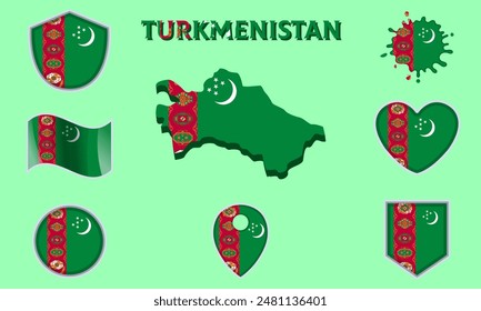 Collection of flags and coats of arms of Turkmenistan in flat style with map and text.