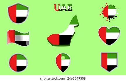 Collection of flags and coats of arms of UAE in flat style with map and text.