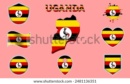 Collection of flags and coats of arms of Uganda in flat style with map and text.