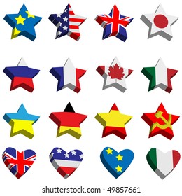 Collection of flags the countries in the form of stars and hearts