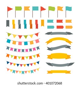 Collection of flags garland. Vector design elements. Buntings and flags. Holiday set. Vector illustration