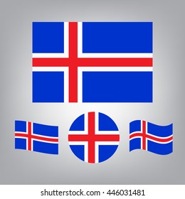 Collection of flags the Iceland in different shapes isolated on grey background. Normal round, rising and other icons