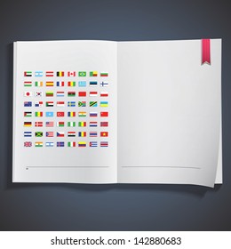 Collection of flags printed on white book. Vector design.